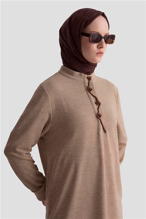 Armine Boncuk İşlemeli Örme Tunik 25KD9021 Bej