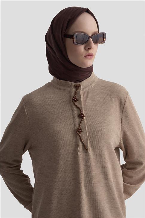 Armine Boncuk İşlemeli Örme Tunik 25KD9021 Bej