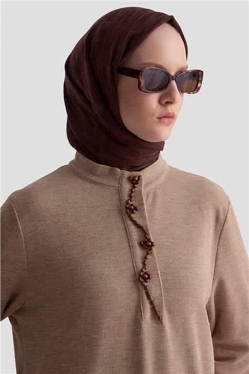 Armine Boncuk İşlemeli Örme Tunik 25KD9021 Bej
