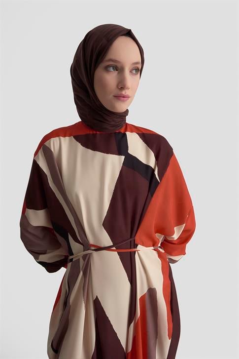 Armine Çapraz Bağlamalı Desenli Elbise 25K9101 Kiremit