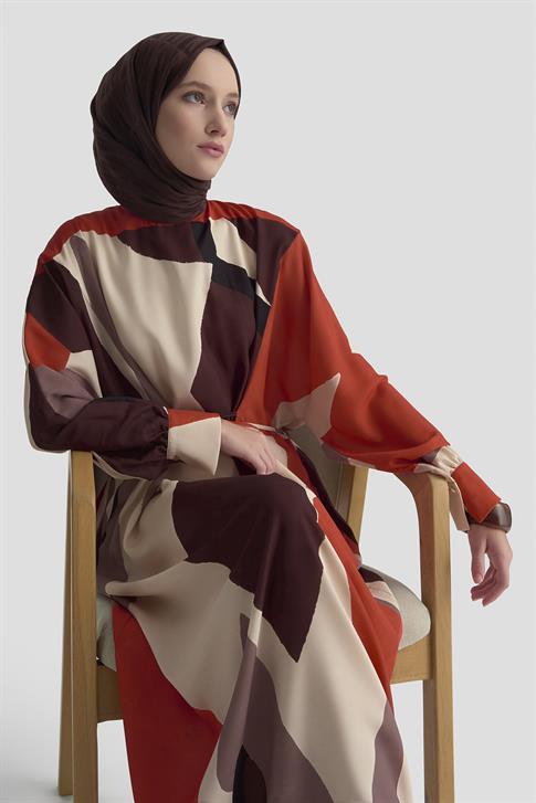Armine Çapraz Bağlamalı Desenli Elbise 25K9101 Kiremit