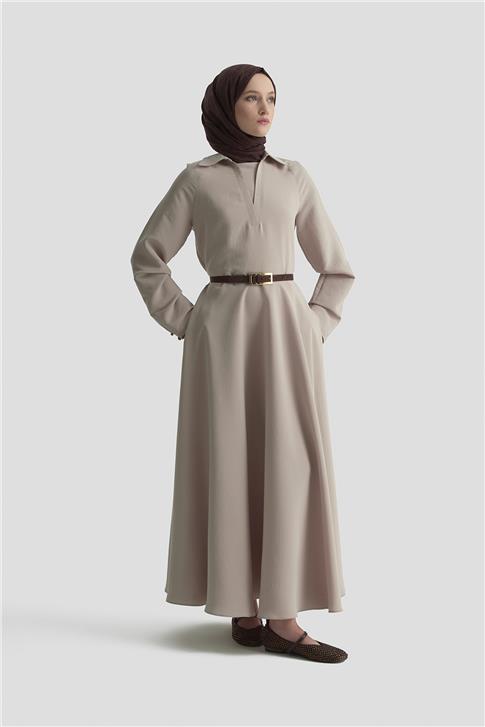 Armine Yakalı Modal Elbise 25K9103 Vizon