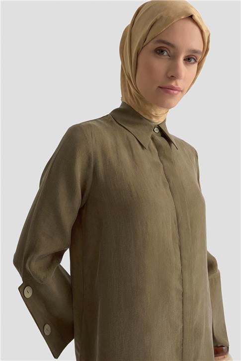 Armine Büyük Manşetli Cupra Elbise 25K9851 yağ yeşili