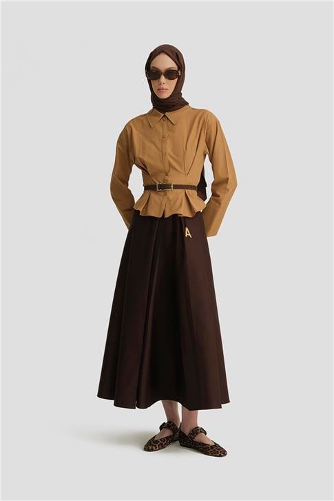 Armine Derin Asimetrik Pileli Etek 25Y1807 Kahverengi