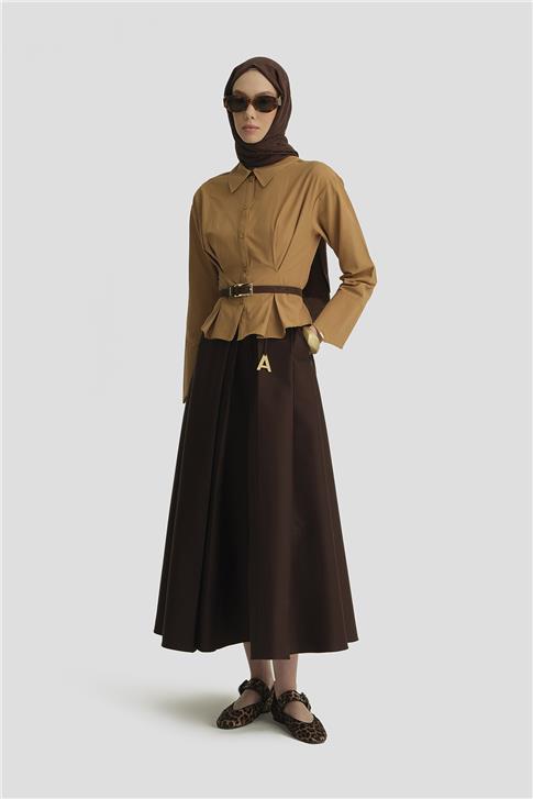 Armine Derin Asimetrik Pileli Etek 25Y1807 Kahverengi