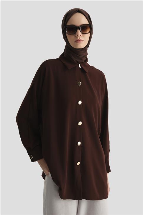 Armine Önü Metal Düğmeli Gömlek 25YH3000 Kahverengi