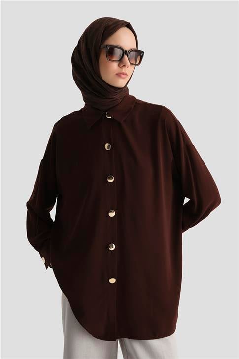 Armine Önü Metal Düğmeli Gömlek 25YH3000 Kahverengi