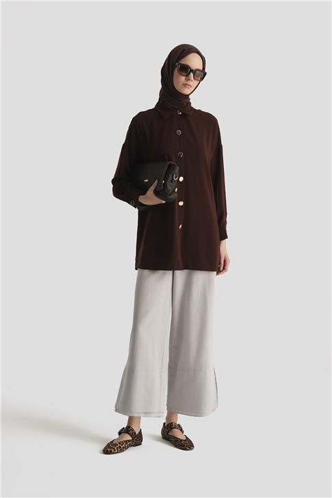 Armine Önü Metal Düğmeli Gömlek 25YH3000 Kahverengi