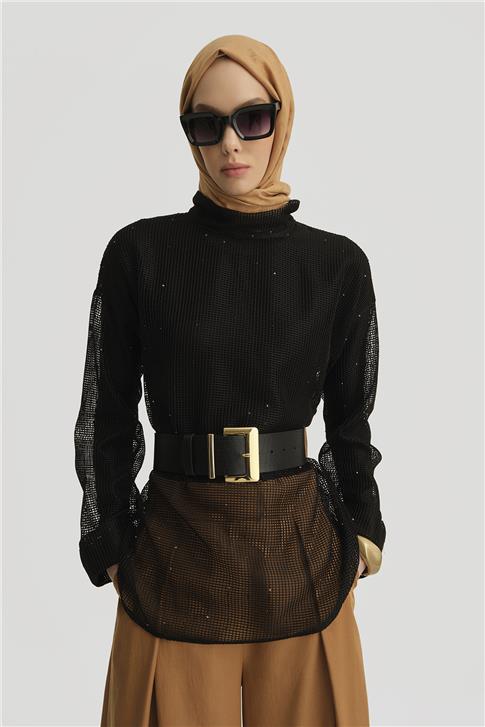 Armine Kemerli File Bluz 25Y3700 Siyah