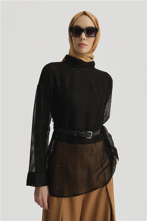 Armine Kemerli File Bluz 25Y3700 Siyah