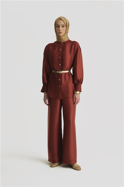 Armine Nervürlü Saten Gömlek 25Y3710 Koyu Kırmızı