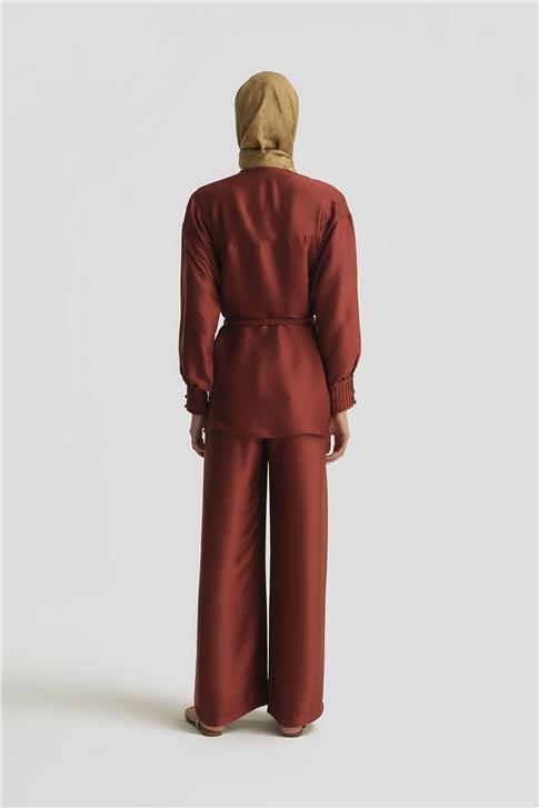 Armine Nervürlü Saten Gömlek 25Y3710 Koyu Kırmızı