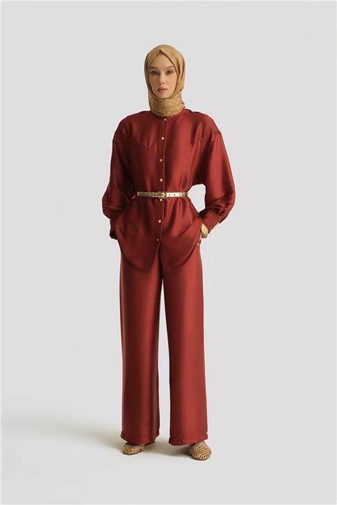 Armine Nervürlü Saten Gömlek 25Y3710 Koyu Kırmızı