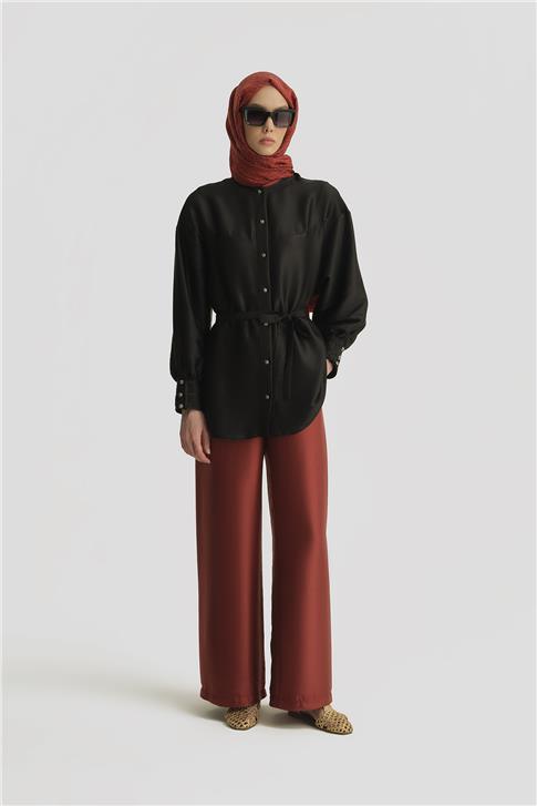 Armine Nervürlü Saten Gömlek 25Y3710 Siyah