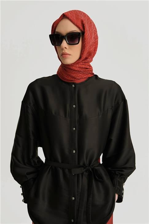 Armine Nervürlü Saten Gömlek 25Y3710 Siyah