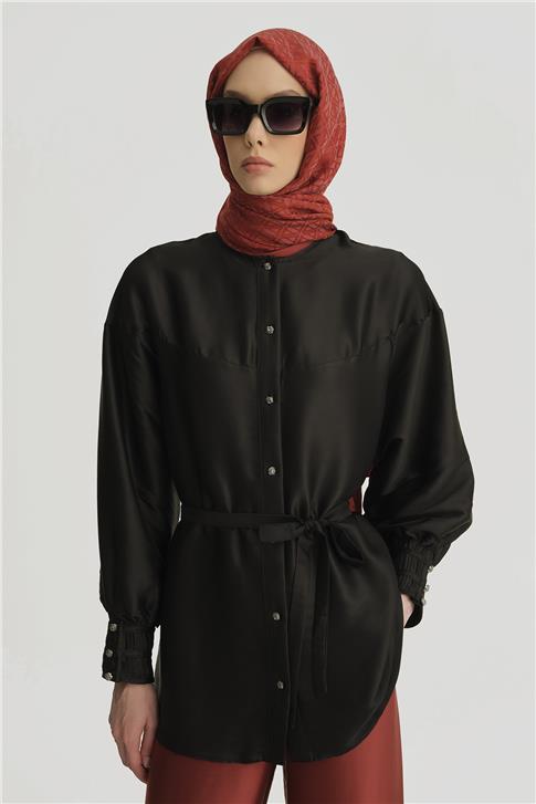 Armine Nervürlü Saten Gömlek 25Y3710 Siyah
