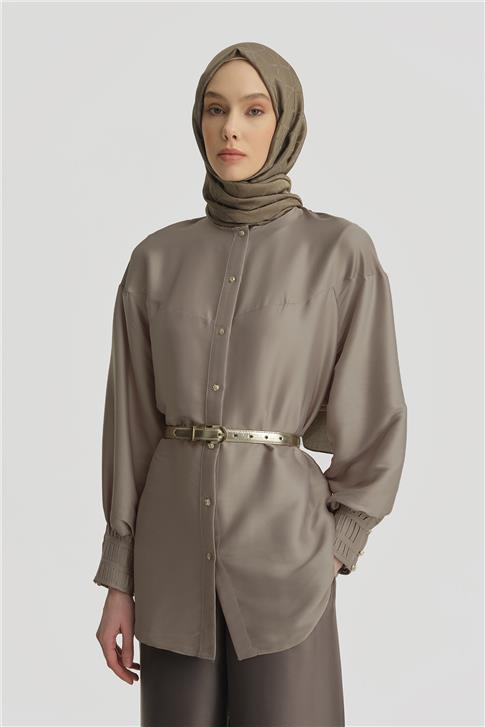 Armine Nervürlü Saten Gömlek 25Y3710 Taş