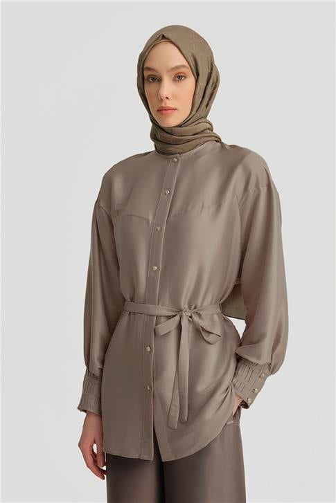 Armine Nervürlü Saten Gömlek 25Y3710 Taş