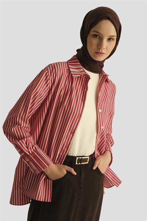 Armine Çizgili Gömlek 25YD3729 Kırmızı