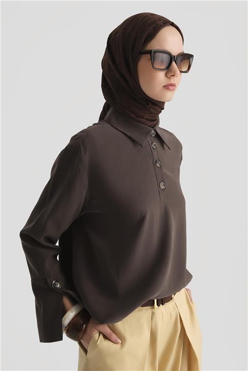 Armine Polo Yaka Tencel Bluz 25Y3736 Kahverengi
