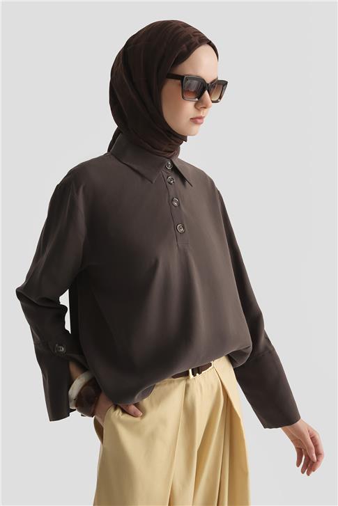 Armine Polo Yaka Tencel Bluz 25Y3736 Kahverengi