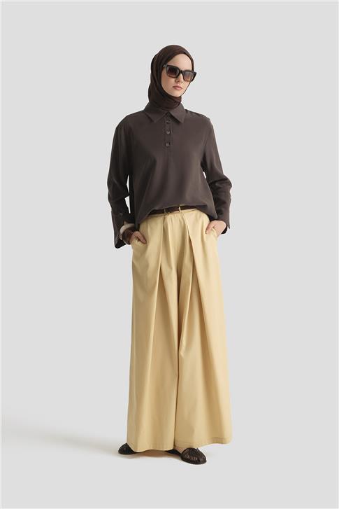 Armine Polo Yaka Tencel Bluz 25Y3736 Kahverengi
