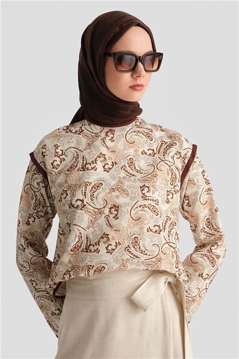 Armine Etnik Desenli Bluz 25Y3744 Kahverengi