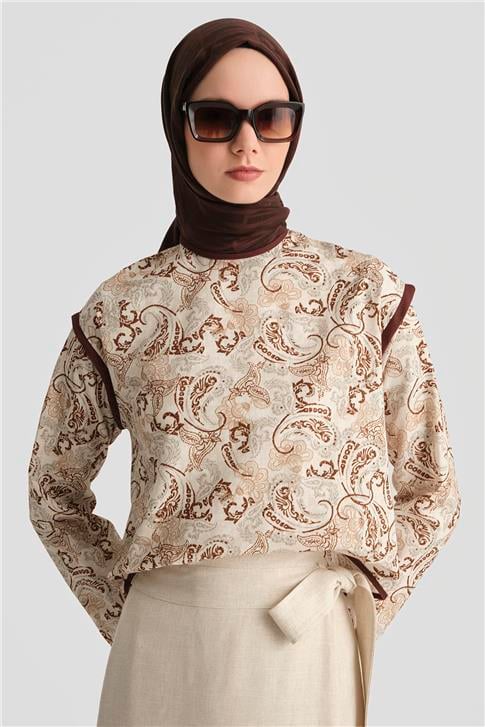 Armine Etnik Desenli Bluz 25Y3744 Kahverengi
