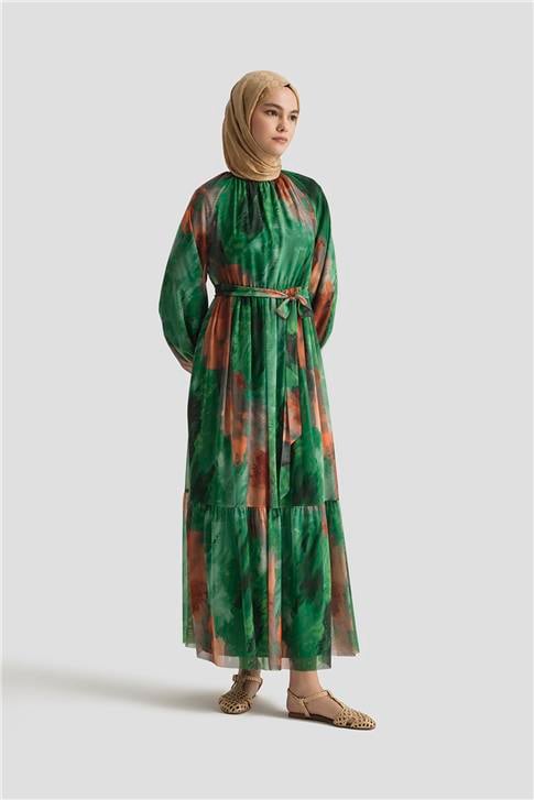 Armine Desenli Elbise 25YD4016 Yeşil