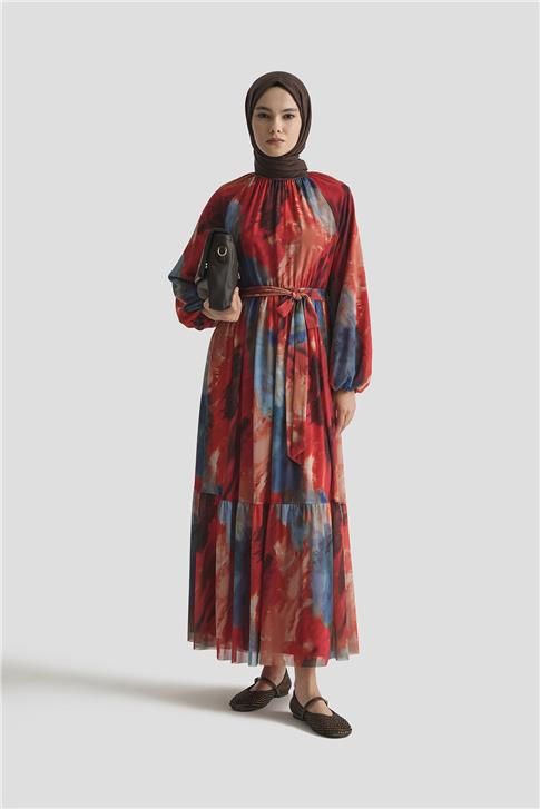 Armine Desenli Elbise 25YD4016 Kırmızı
