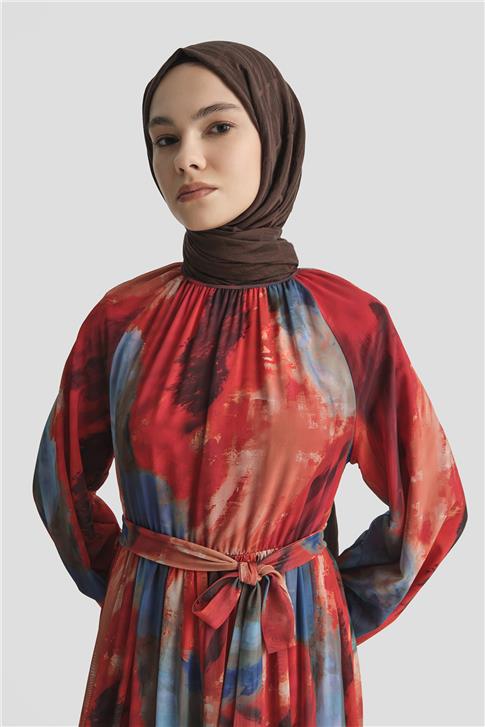 Armine Desenli Elbise 25YD4016 Kırmızı