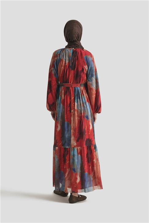 Armine Desenli Elbise 25YD4016 Kırmızı