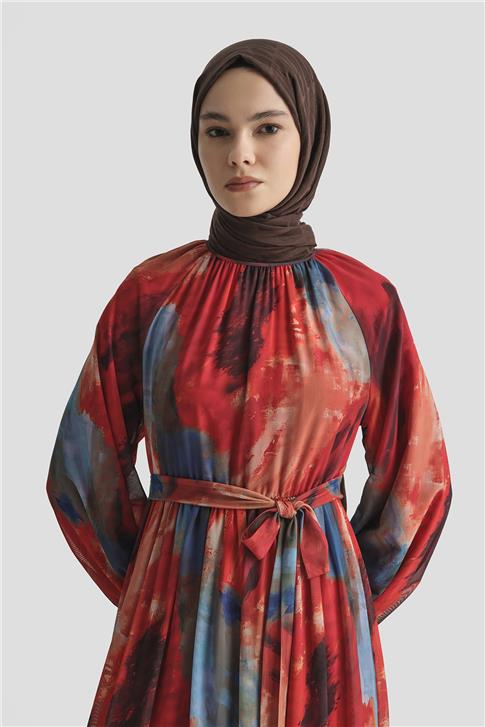 Armine Desenli Elbise 25YD4016 Kırmızı