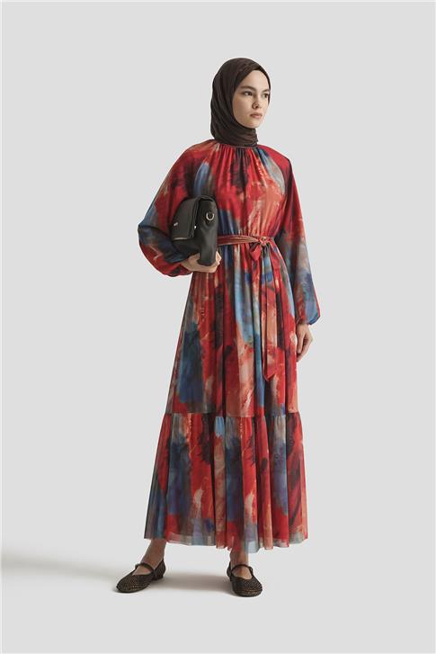 Armine Desenli Elbise 25YD4016 Kırmızı