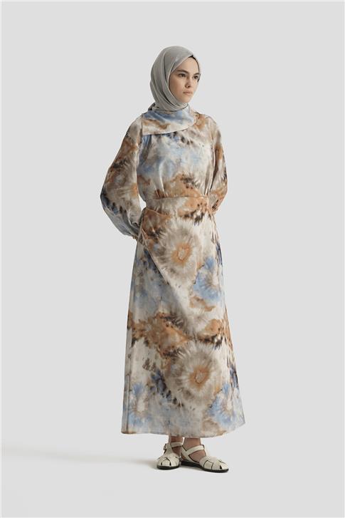 Armine Desenli Elbise 25YD4017 Mavi