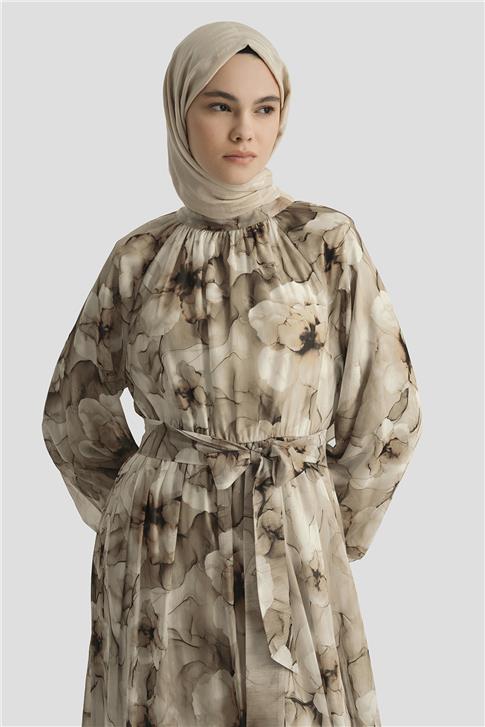 Armine Desenli Elbise 25YD4018 KAHVERENGİ