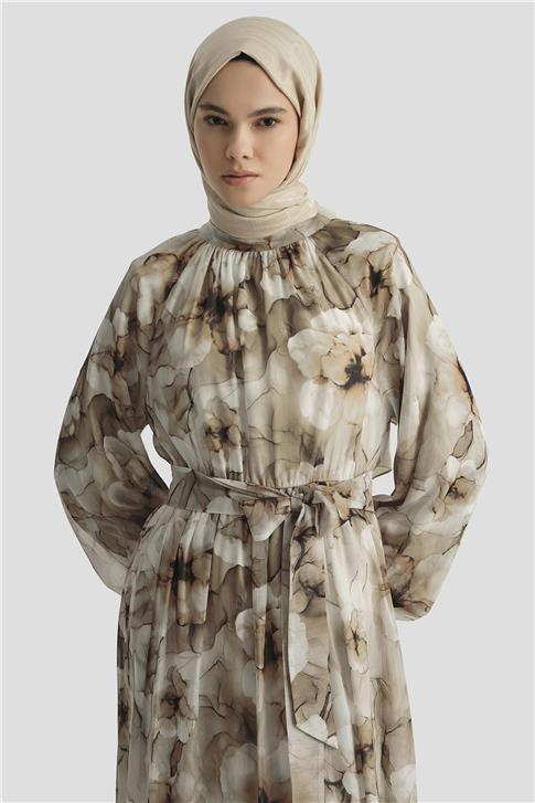 Armine Desenli Elbise 25YD4018 KAHVERENGİ