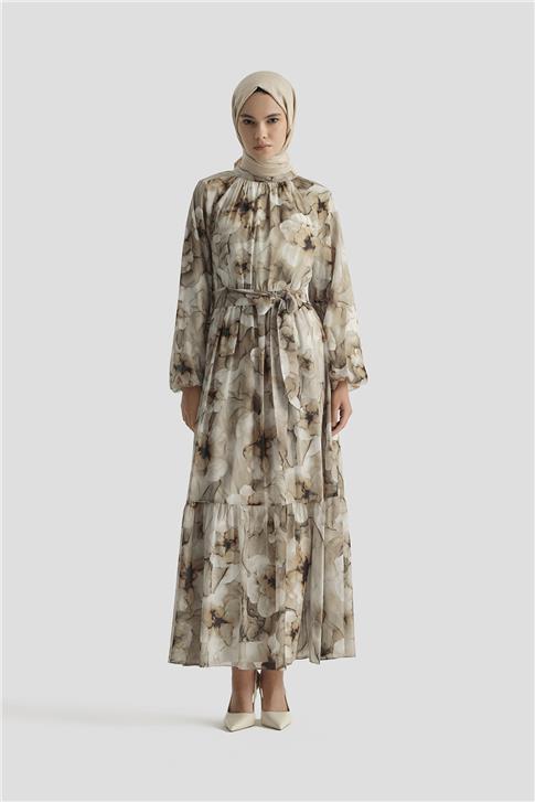 Armine Desenli Elbise 25YD4018 KAHVERENGİ