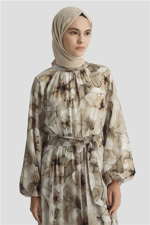 Armine Desenli Elbise 25YD4018 KAHVERENGİ