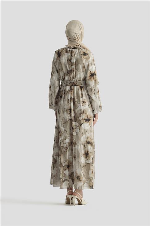 Armine Desenli Elbise 25YD4018 KAHVERENGİ