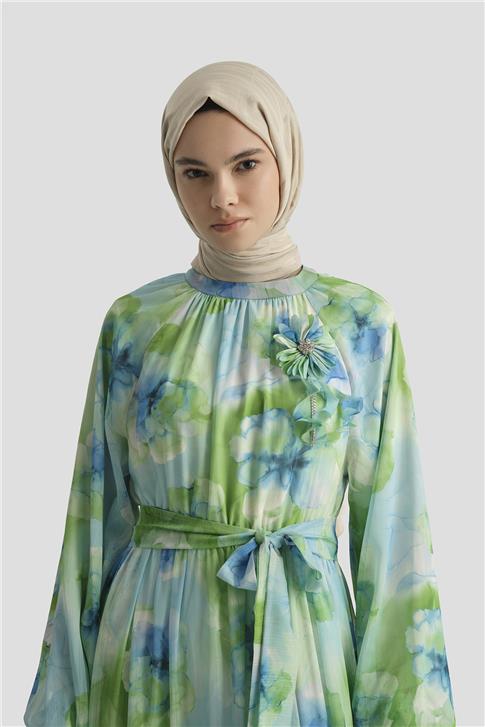 Armine Desenli Elbise 25YD4018 Mavi