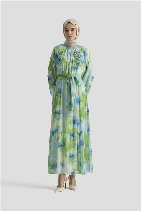Armine Desenli Elbise 25YD4018 Mavi