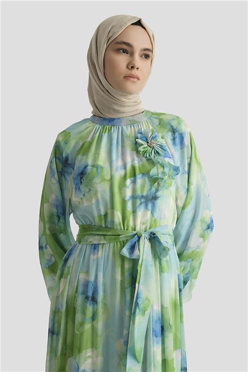 Armine Desenli Elbise 25YD4018 Mavi