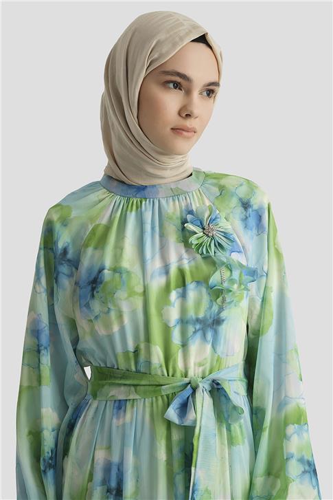 Armine Desenli Elbise 25YD4018 Mavi