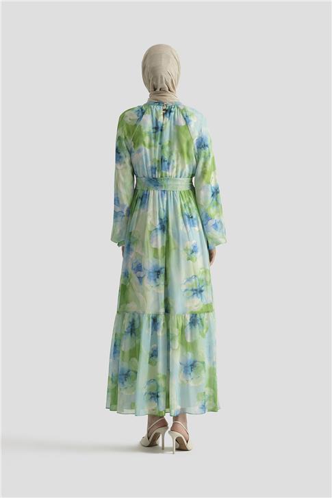 Armine Desenli Elbise 25YD4018 Mavi