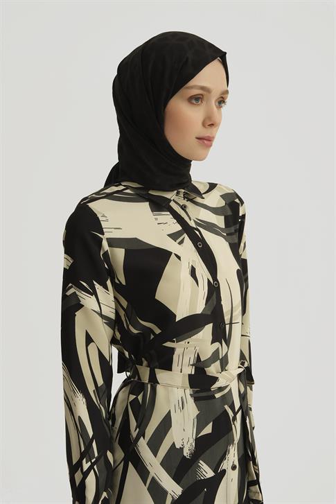 Armine Desenli Viskon Tunik Elbise 25YT402 Siyah - Beyaz