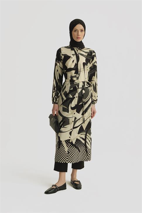 Armine Desenli Viskon Tunik Elbise 25YT402 Siyah - Beyaz