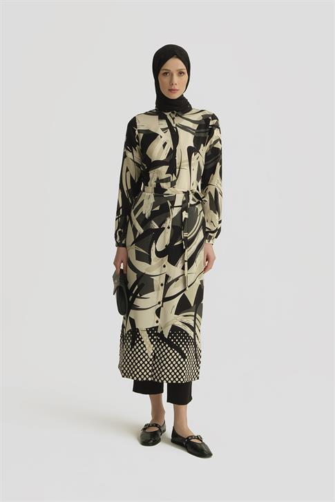 Armine Desenli Viskon Tunik Elbise 25YT402 Siyah - Beyaz