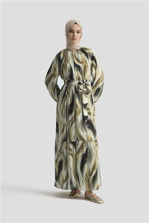 Armine Desenli Elbise 25YD4026 KAHVERENGİ