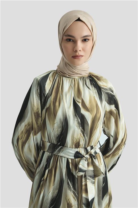 Armine Desenli Elbise 25YD4026 KAHVERENGİ